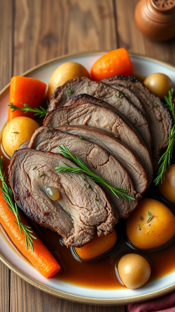 Tender slices of pot roast with carrots and potatoes, garnished with herbs, served on a rustic table.